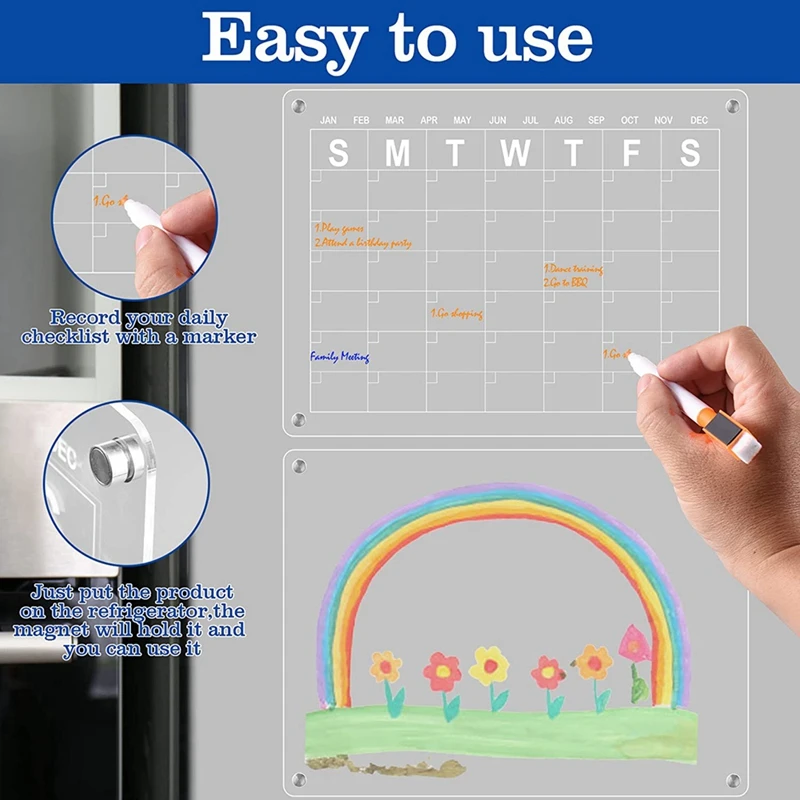 2 stuks acryl magnetische kalender voor droog uitwisbare bordkalender, met 8 droog uitwisbare markers