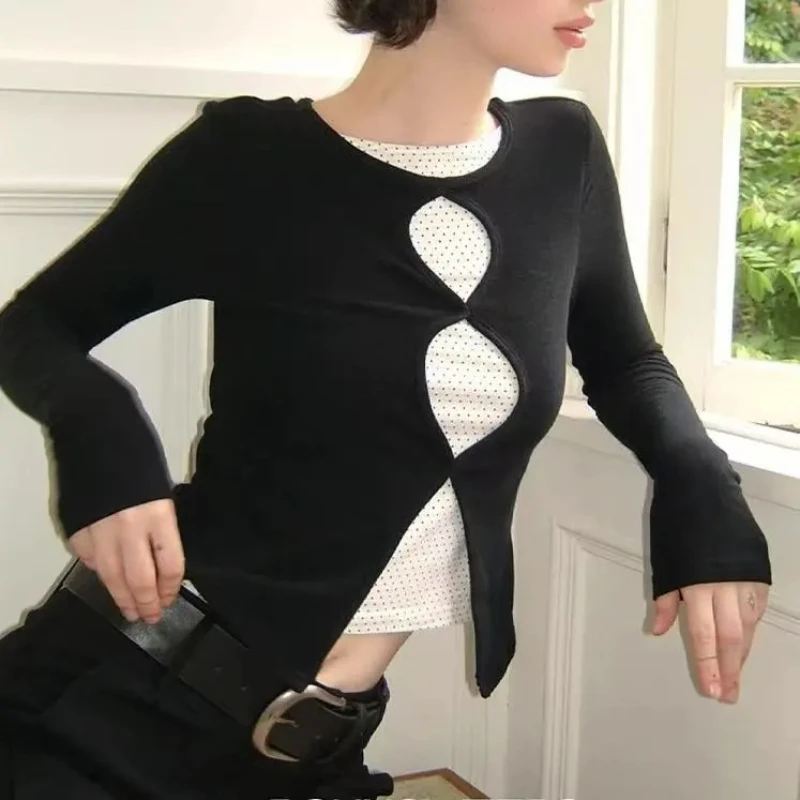

Retro fake two-piece hollow polka dot long-sleeved T-shirt women's 2025 autumn new slim fit knitted top