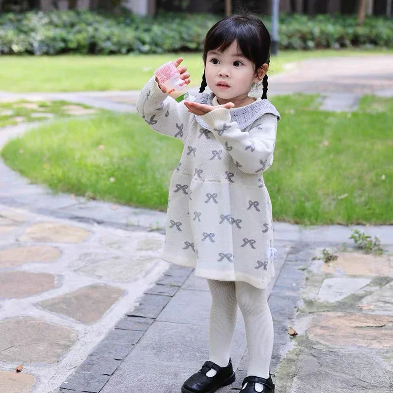 

Autumn Girls Knitted Dress Winter Children Gown Princess Bow Vestidos Kids Fashion Sweater Dresses Ruffled Collar Baby Clothes