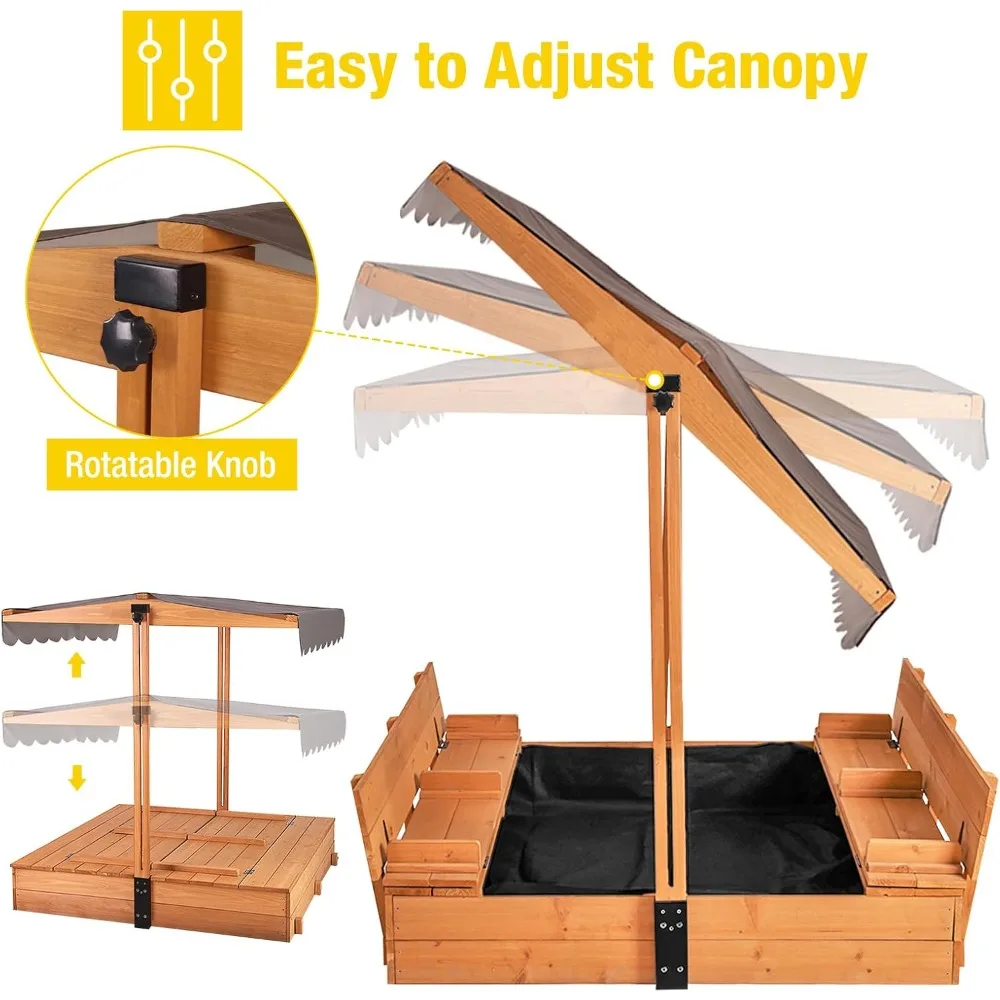 Sandbox with Lid, Sand Boxes for Kids Outdoor, 47.2 Inch Sand Pit with 2 Foldable Bench Seats, UV-Resistant & Adjustab