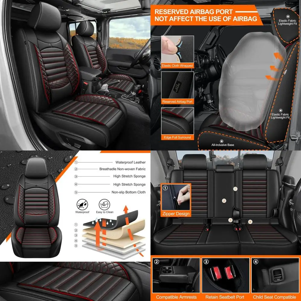 

Seat Covers Full Set Fit for Jeep Gladiator 2020-2024 2025 2026 Car Seat Covers for Truck Leather Waterproof (Black&Red)