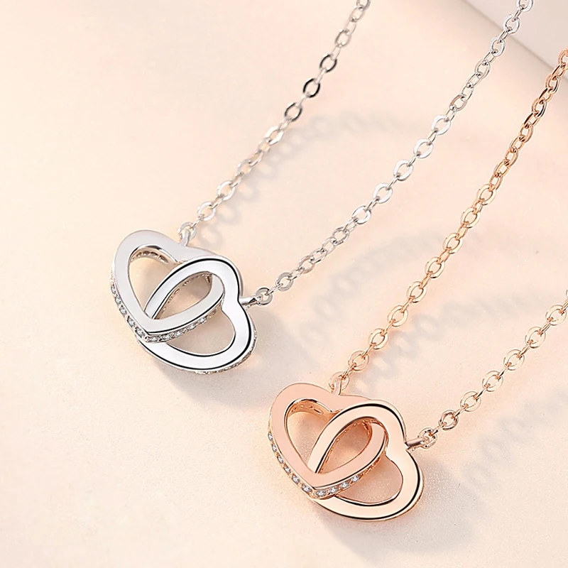 Hot Sale Fashion Double Love Heart Zircon Pendant Necklace 925 Sterling Silver Rose Gold Rhinestone Necklaces Women Jewelry Gift