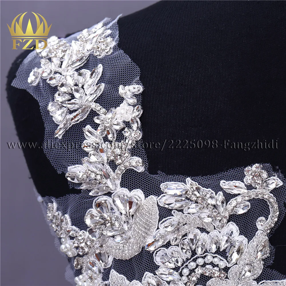 FZD 1 Pair Crystal Beaded Embroidery Patches White Pearl Beds Trimming for Wedding Dresses Bridal Bridesmaid Beaded Applique DIY