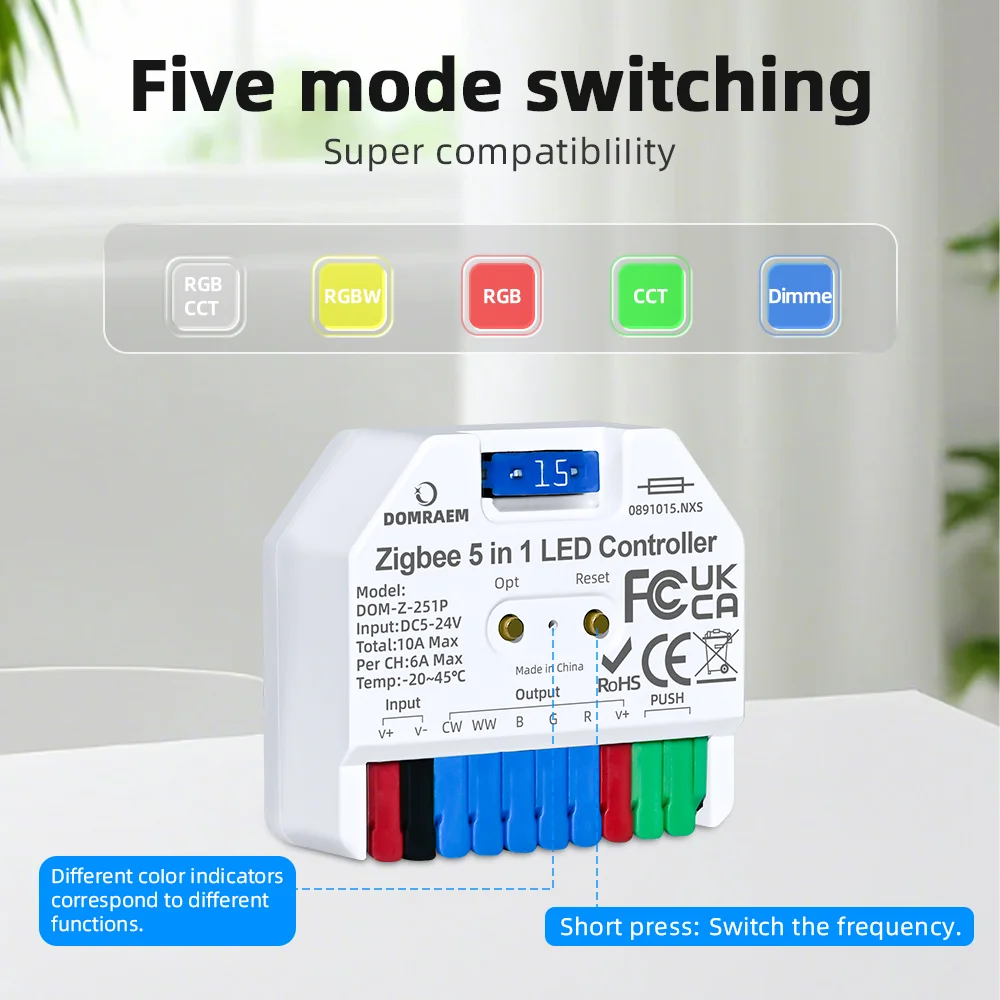 DOMRAEM Zigbee3.0 Ultimate Mini 5-in-1 LED Controller External Removable 15A Fuse RGB RGBWCCT APP Voice Control ZigBee2mqtt Hu*e