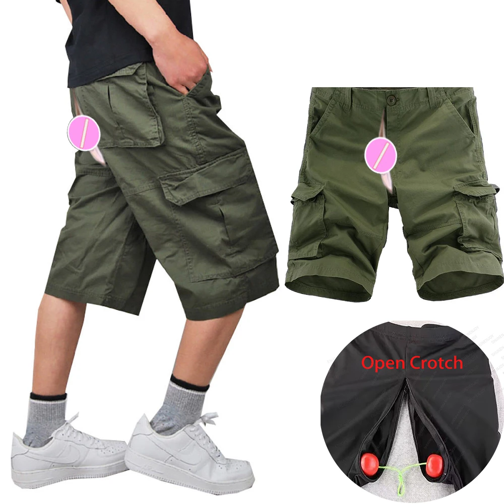 Summer Outdoor Sex Open Crotch Pants Men Multi-pocket Cargo Overalls Male Urban Tactical Sweatpants Plus Size Casual Streetwear