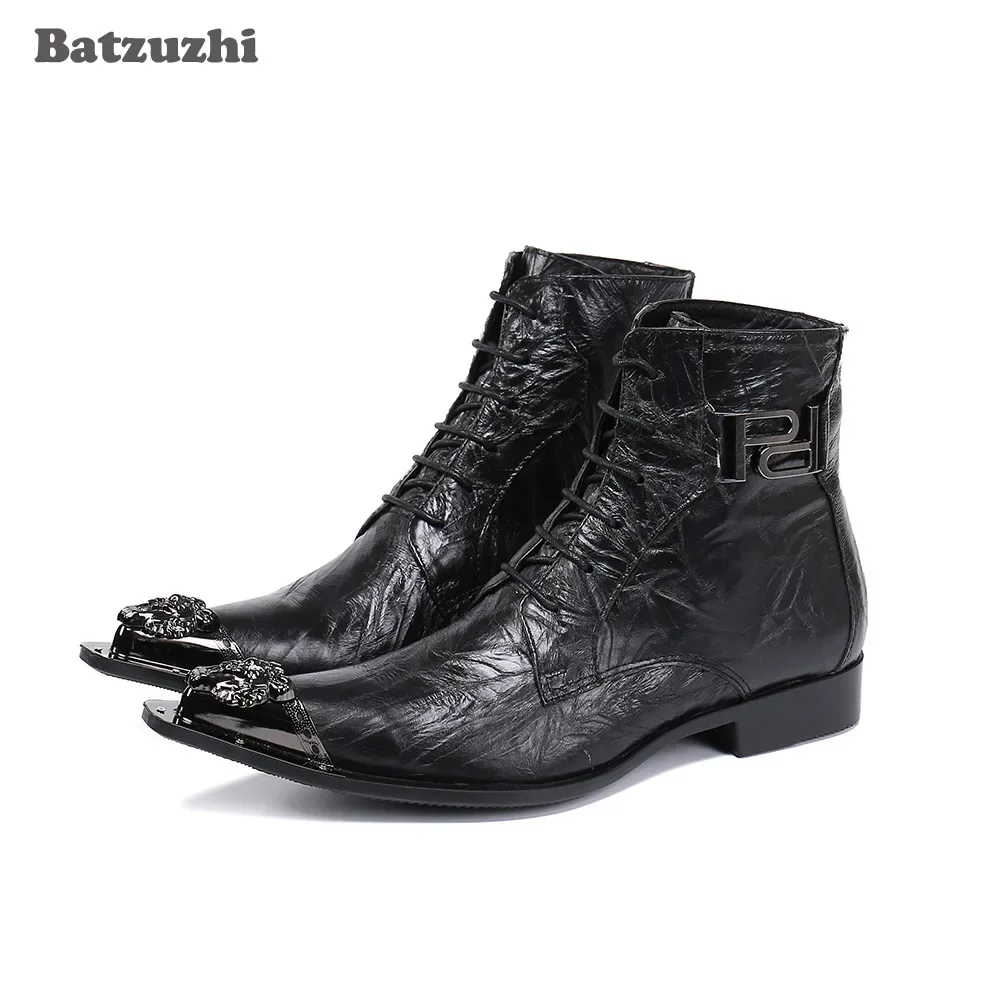 

Batzuzhi Cool Men's Ankle Boots Pointed Metal Toe Genuine Leather Boots Men Black Lace-up Business, Party Short Boots for Men