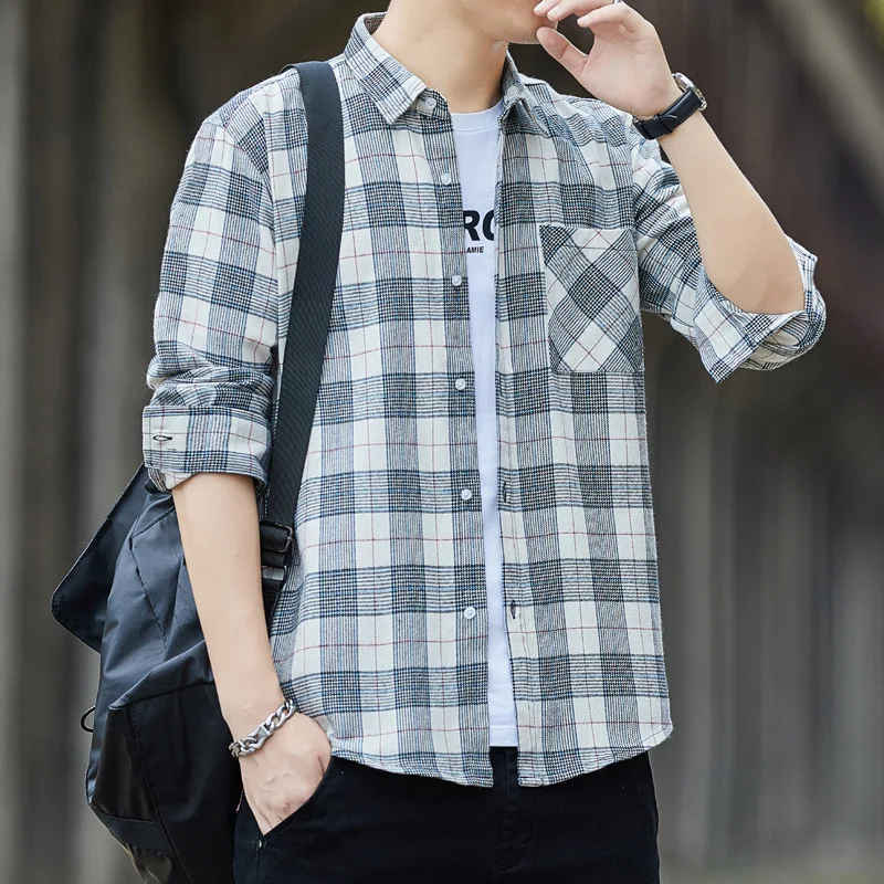 Korean Fashion Men Plaid Shirt Long Sleeved Men's Slim Fit Trend Loose Fitting Shirt Casual Men's Clothing Plus Size 4XL