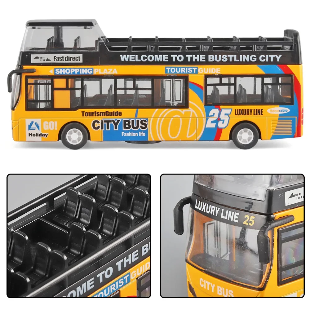 1:32 Double Decker Sightseeing Bus Alloy Car Model Simulation Diecast City Tourist Vehicle Toy Sound Light Collection Kids Gift