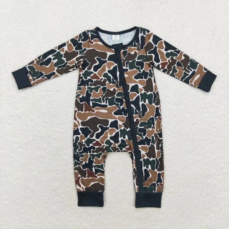 Wholesale RTS Long Sleeve infant Baby Boy Rompers one pieces Camouflage zip sleeper baby boy clothes children clothing