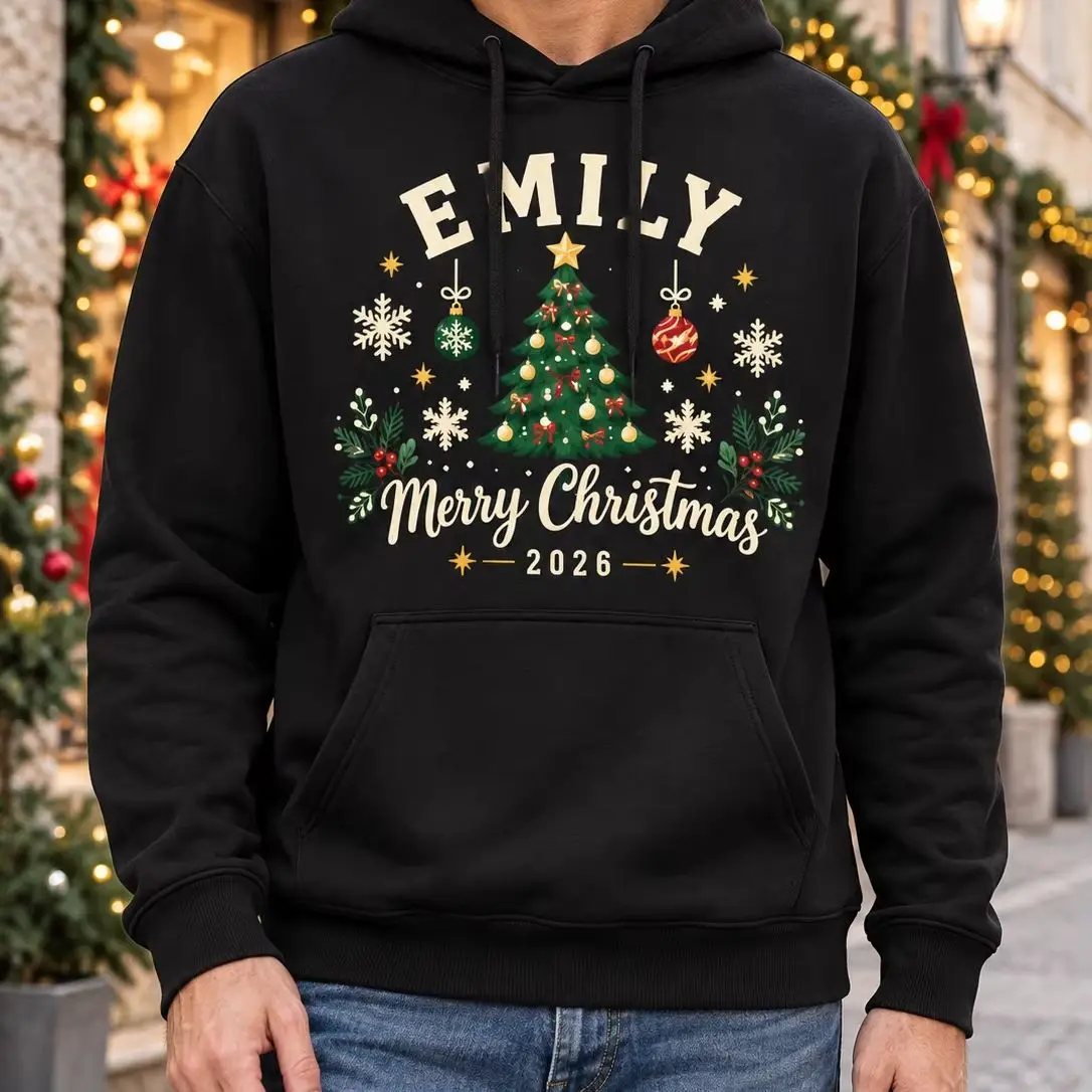 Personalized Christmas Hoodie Custom Name Christmas Tree Print Pullover Sweatshirt for Men Women Holiday Party Winter Gift