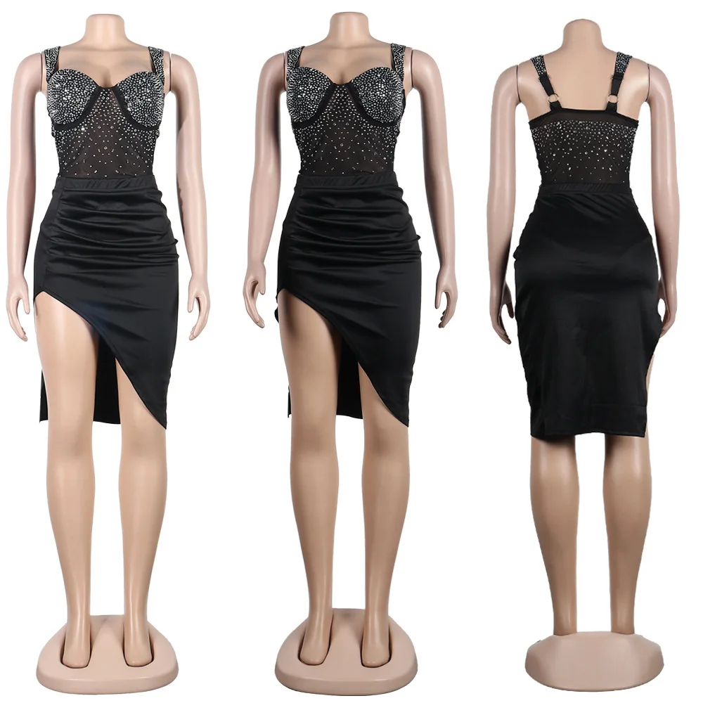 Rhinestone Dresses Mesh 2 Piece Skirt Sets 2023 Summer Women Clothes Luxury Evening Dress Sexy Elegant Two Piece Set Outfit
