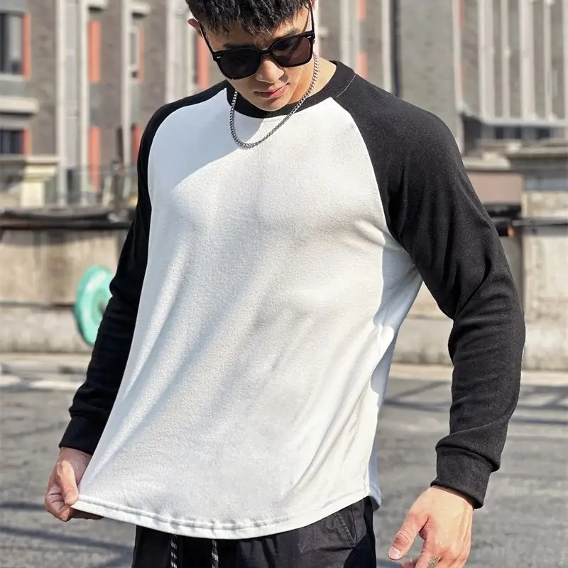 2024 new shoulder-matching color fashion men's long-sleeved T-shirt crewneck top outdoor running sports men's wear