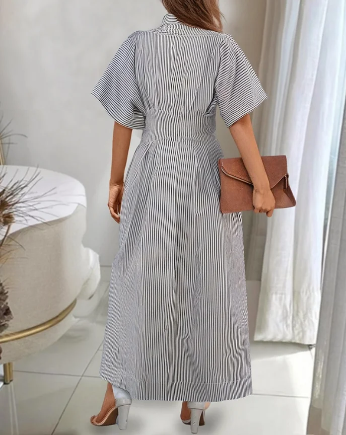 Vestidos para mujer 2025 Spirng moda estampado a rayas media manga fruncido botón frontal vestido camisero Casual cuello vuelto vestido largo