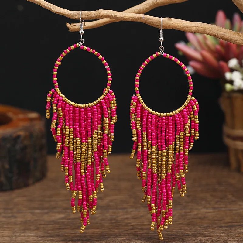 Kymyad Bohemina Long Dangle Beads Earrings Vintage Handmade Beaded Tassel Drop Earrings Beach Holiday Accessories Women's Gift
