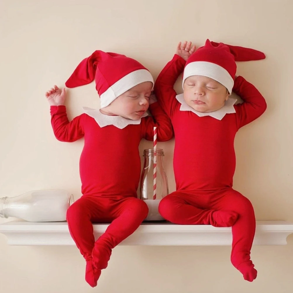 

1 set Christmas Photography Red Romper Set Baby Boy Girl Outfits Long Tail Hat Soft Collar Bodysuit Infants Wear Newborn Props