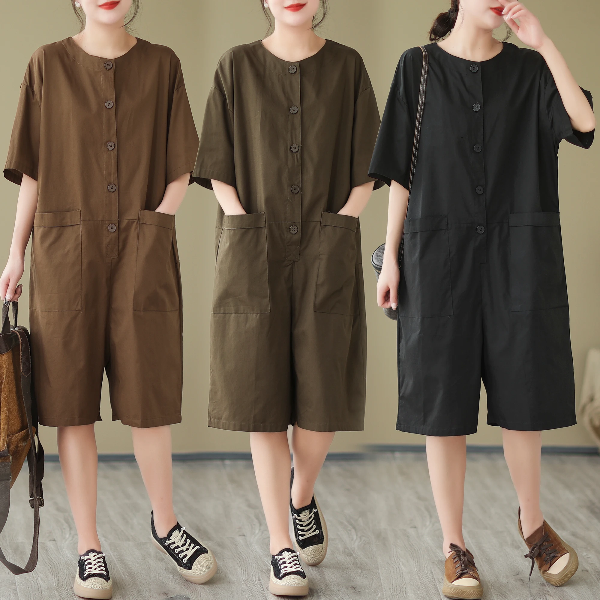 

Women Casual O-neck Jumpsuit Solid Patched Pockets Buttons Overall Playsuits Romper Summer Sun Beach One Piece Shorts T139