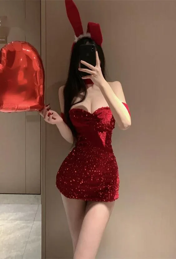 Bra Year\'s Red Bow Sequin Mature Charm Hollow Out Gentle Rabbit Girl Cos Hip Bag Sexy Solid Color Pure Desire Dress V983