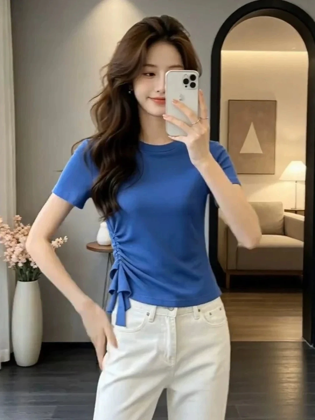 Korean Style Blue Gathered Waist Short Sleeve T-Shirt Women plus Size Summer Unique Anti-Aging Beautiful Fat MM Top