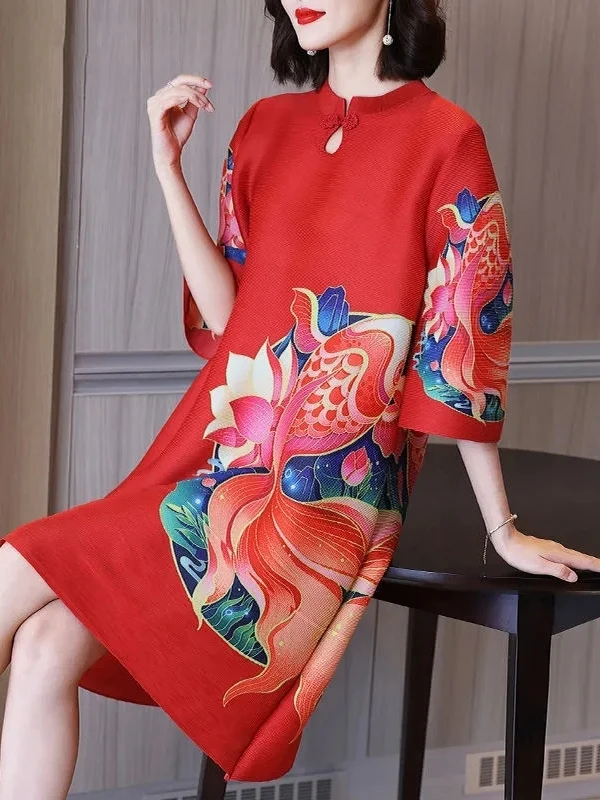 

Vintage Sli Pleated Qipao Dr with Seven Quarter Sves Japanese Home Sle Loose Waist Polyester Fabric A-Line Skirt