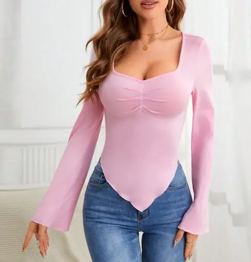 

Spring and Summer New Y2K Fashion Sexy Style Pink Simple Low Cut V-Neck Irregular Design Slim Fit Flared Sleeve Women's Top
