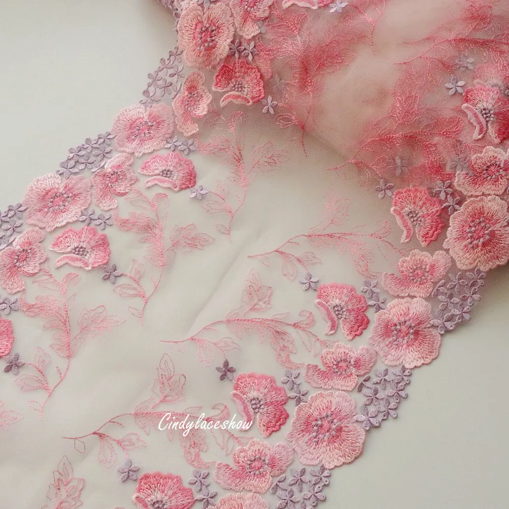 1 Meter 26 CM Wide Pink Flowers Embroidered Wedding Dress Lace Trim Fabric White Mesh For Bra Garment Sewing Clothes Accessories