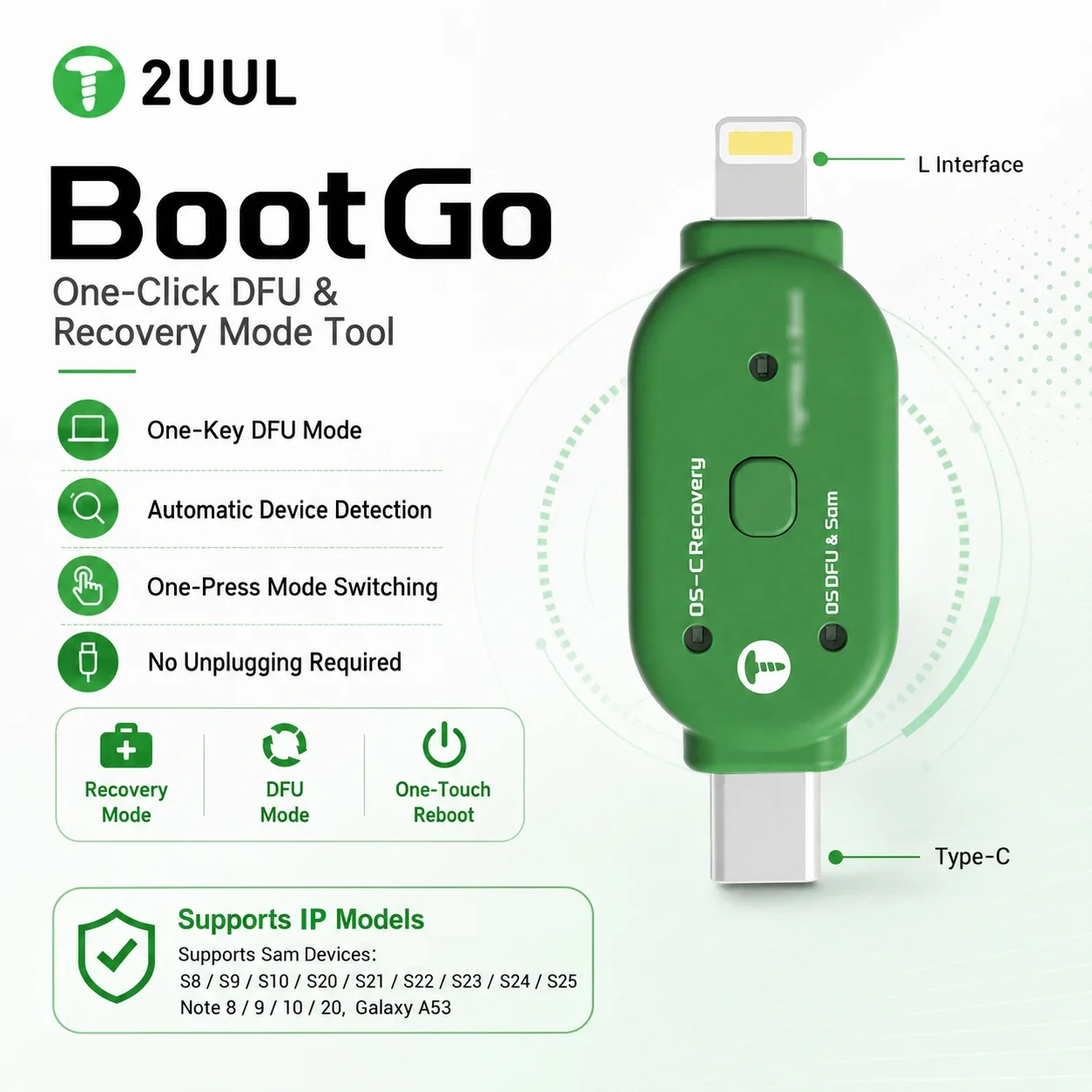 2UUL BootGo One-Click D-FU & Recovery Mode Tool for Repairing Phones, IPads Computers One-Click DFU Flashing Restart Mode Tool