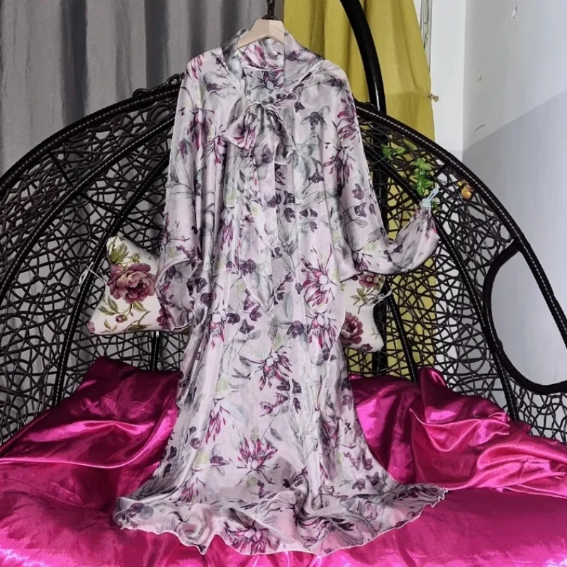 Soft Glossy Floral Print Satin Robe Bow Long Sleeve Dress Couple Silky Loose Home Loungewear Nightgown