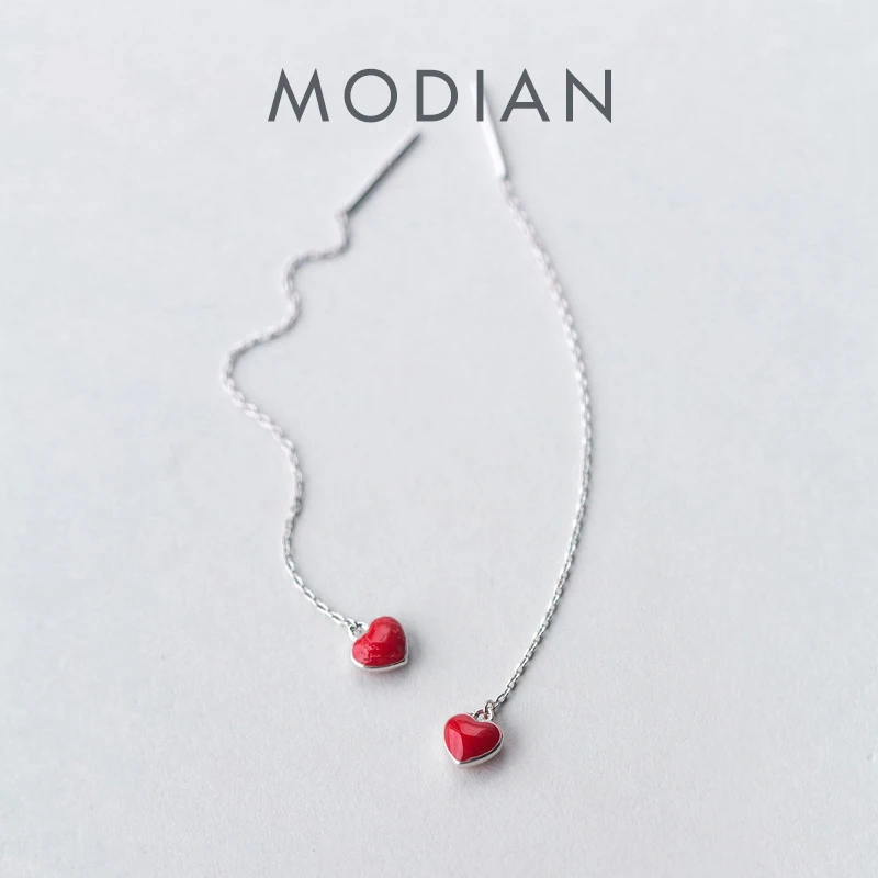 

Modian Long Chain Red Enamel Hearts Swing Charm Drop Earrings 925 Sterling Silver Simple Fashion Dangle Ear For Women Jewelry