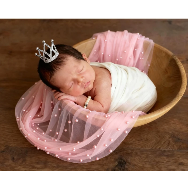 Newborn Photography Props Pearl Beaded Tulle, Soft Baby Wrap Lace Fabric WITH Pearl Crown,Bracelet Set Baby Shower Gift