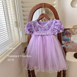 Girls Dress Summer 2024 New 3D Rose Mesh Baby Dress Childrens Princess Dress Kids Dresses for Girls