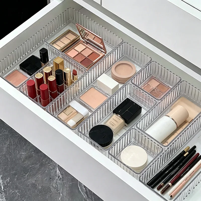 Clear Modular Drawer Organizer Trays Transparent Storage Box for Makeup Skincare Kitchen Tools Bathroom Vanity Organization