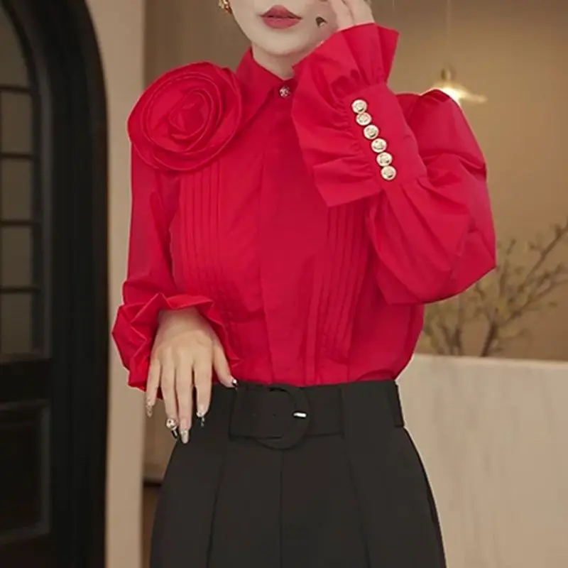 French  design three-dimensional rose red long-sleeved shirt women's 2025 spring foreign style high-end temperament top