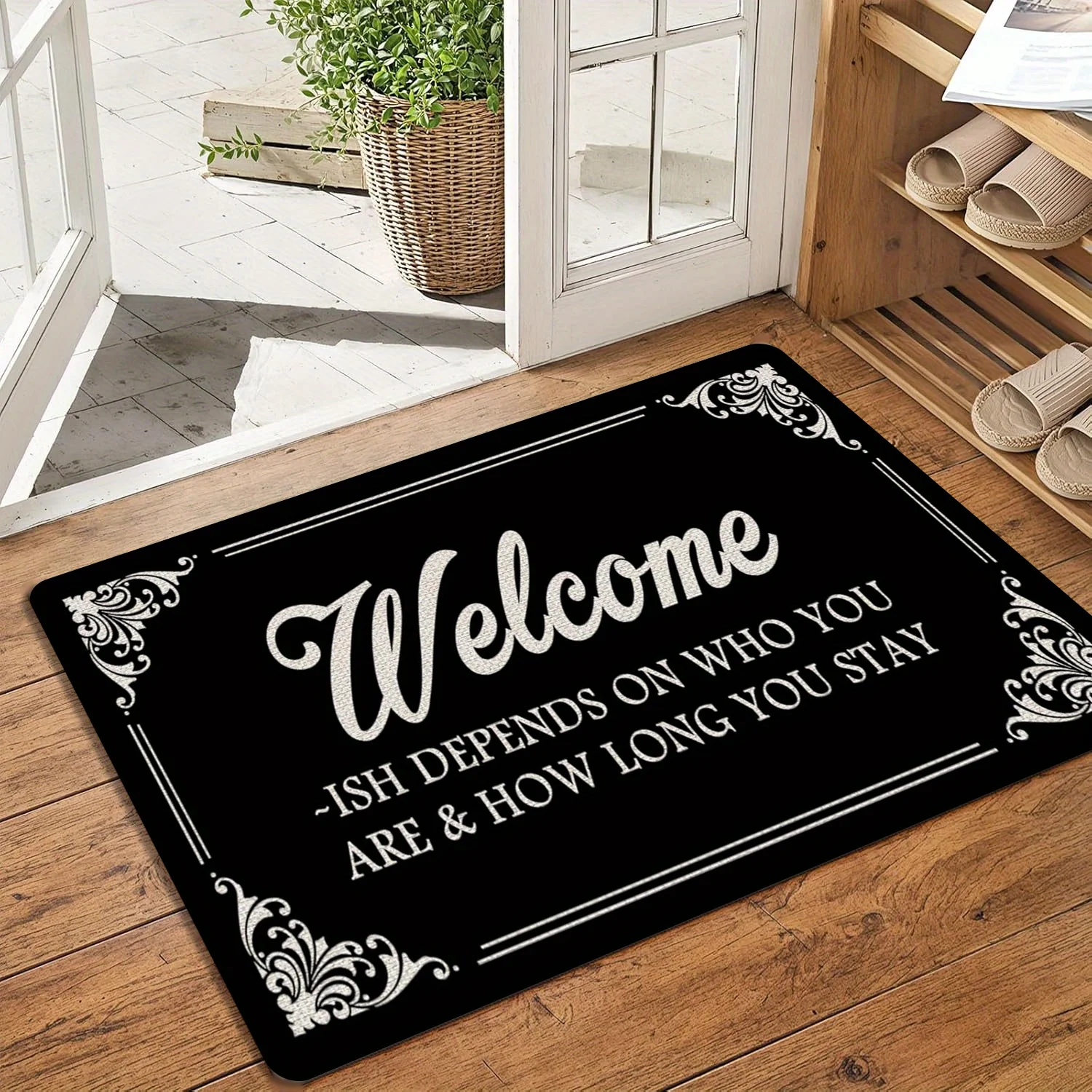 Welcome doormat with motivational quote | Elegant white cursive font, machine washable indoor/outdoor entrance mat