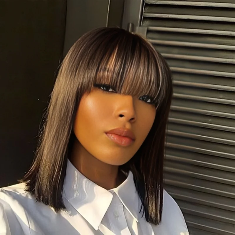 

Straight Human Hair Wigs With Bangs Full Machine Made Wig Cheap Brazilian Hair Wigs Glueless Short Bob Fringe Wigs 3x1 HD Lace