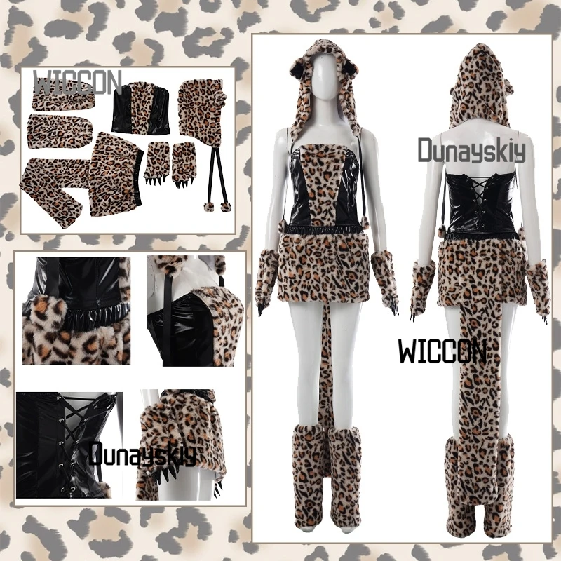 

Костюм Jirai Kei Y2K с леопардовым принтом и меховыми вставками, без бретелек, для женщин, для косплея, сексуальных ролевых игр, вечеринок, сценических выступлений, карнавалов