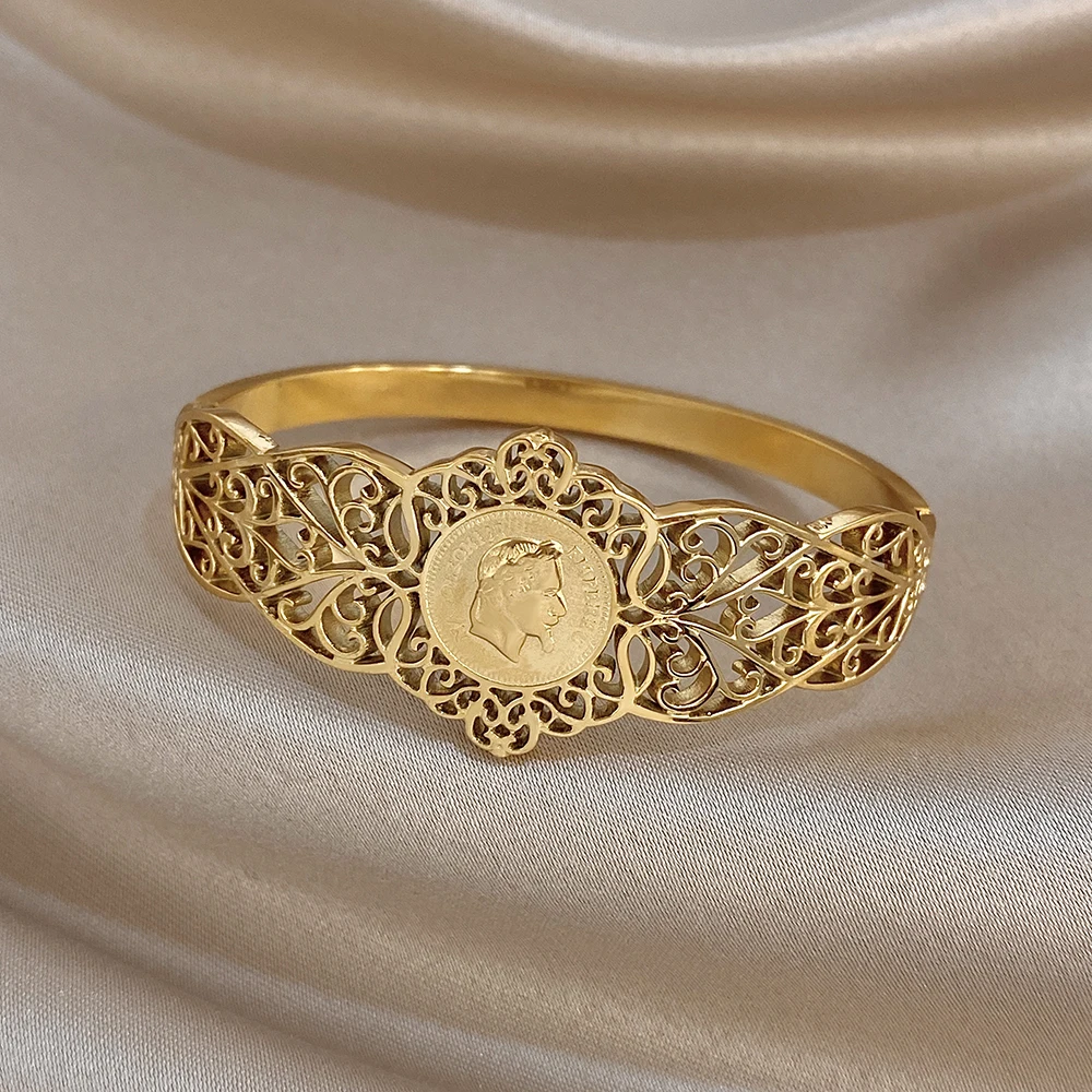Vintage Gold Plated Stainless Steel Cuff Bangle for Women Unique Hollow Carved Flower Coin Wide Bracelets Waterproof Jewelry