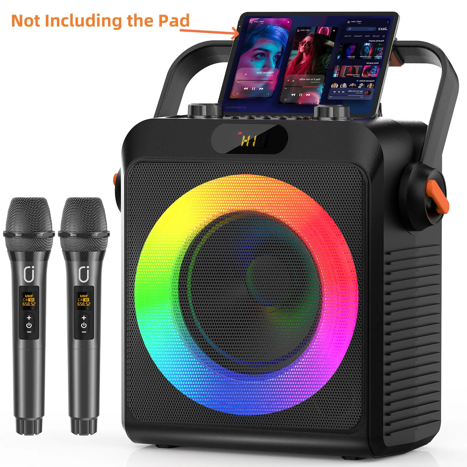 

2 Wireless Microphones T19-T Karaoke Machine | Black Karaoke Speaker With Treble/Bass Adjustment, Wireless Speaker PA System