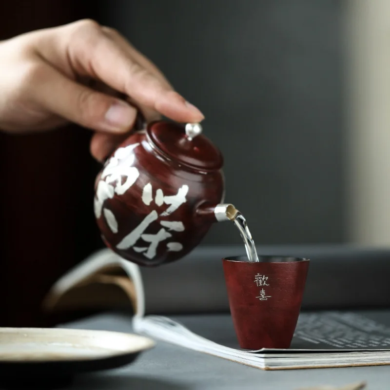 Imperial Red Old Rock Mud Material Teapot Kung Fu Tea Set Happy Literati Device round Melting Stoneware Handmade Silver Gilded T