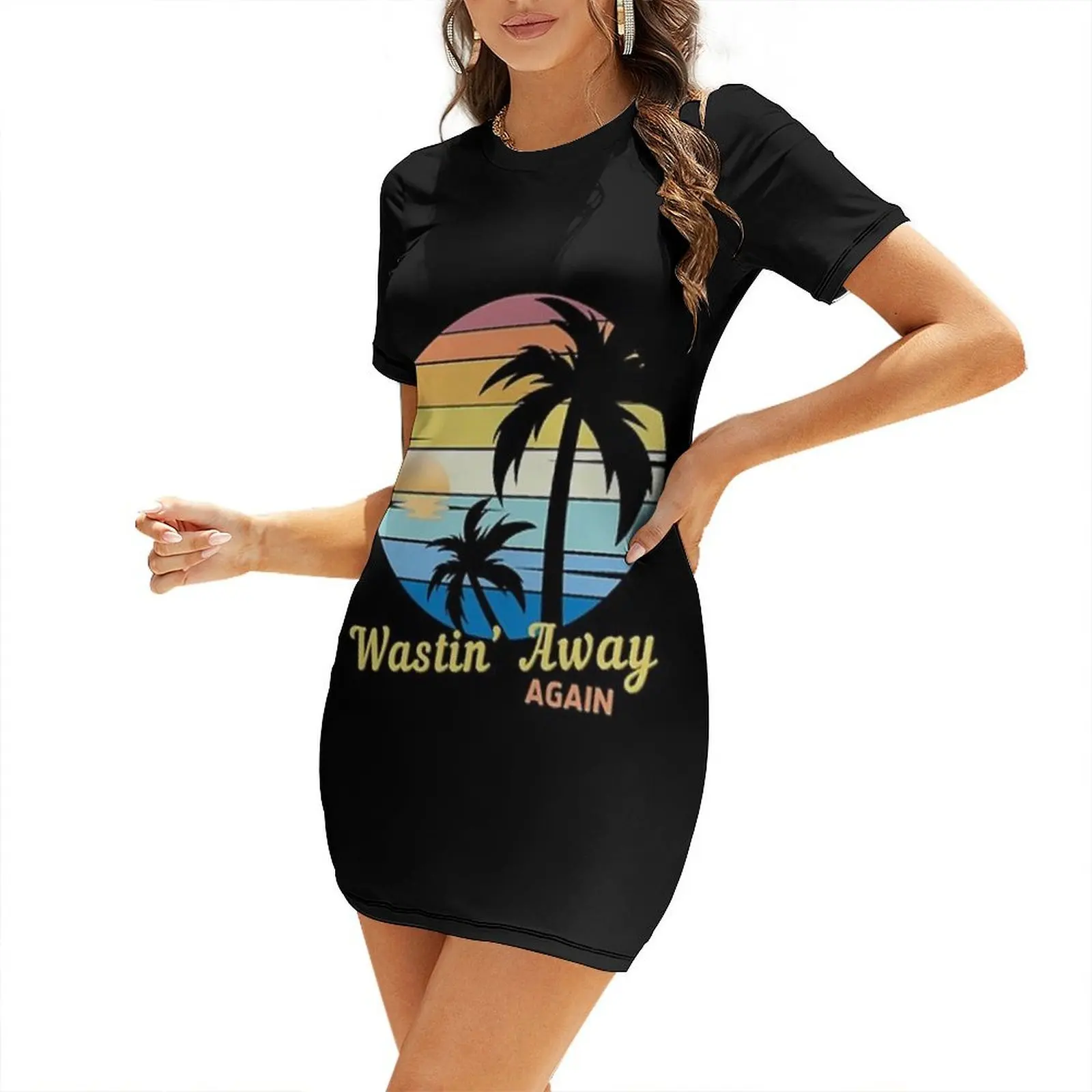 Wastin' Away Again - Summer Girl's Trip, Pacific Ocean, Vacay Mood, Sunset, Beach, Party Animal Short-Sleeved Dress