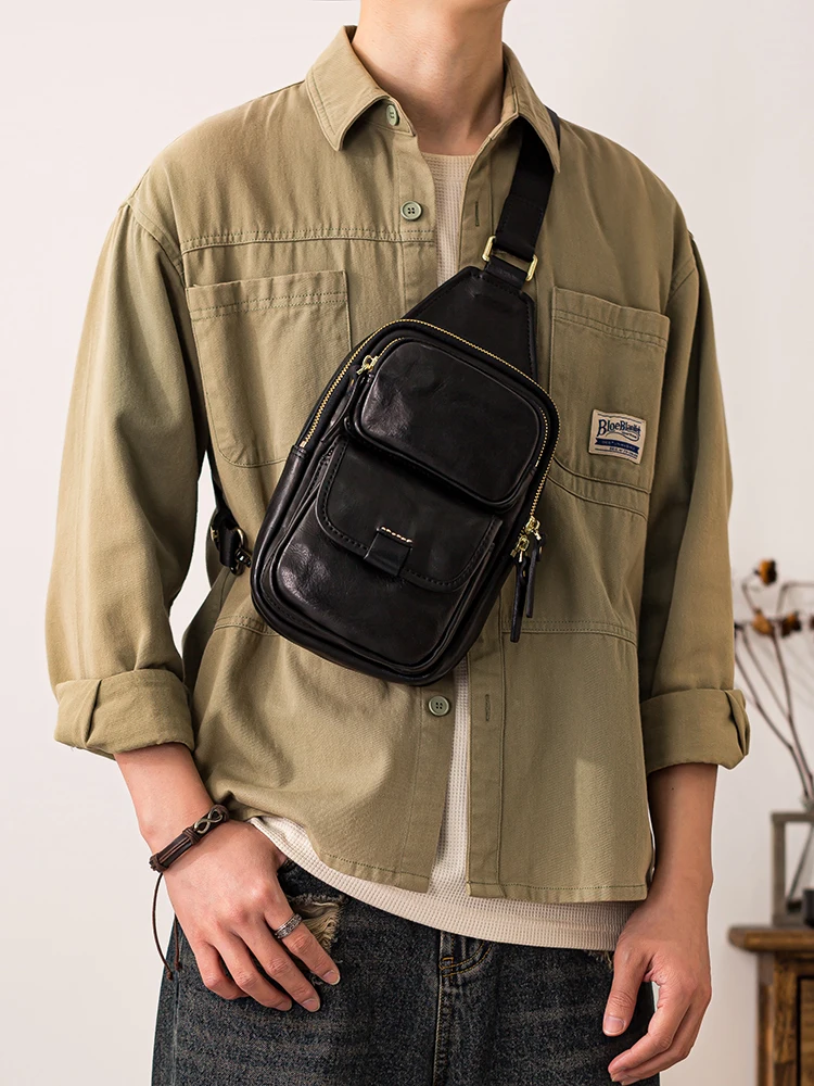 fashion luxury handmade high-quality First layer cowhide men's chest bag casual sports cow leather multi-pocket crossbody bag