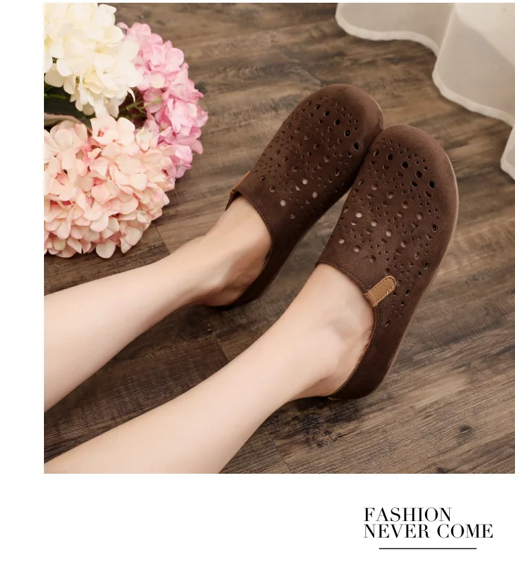 Damen-Mules mit Aussparungen, Clogs, Sommer, atmungsaktiv, geschlossene Zehenpartie, flache, rückenfreie Slipper, Wildleder, Slip-On, lässige Outdoor-Schuhe – Detail 9