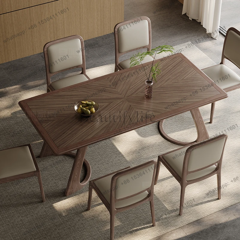 New Chinese-style ash solid wood grain embedded rock slab dining table in ancient rectangular household