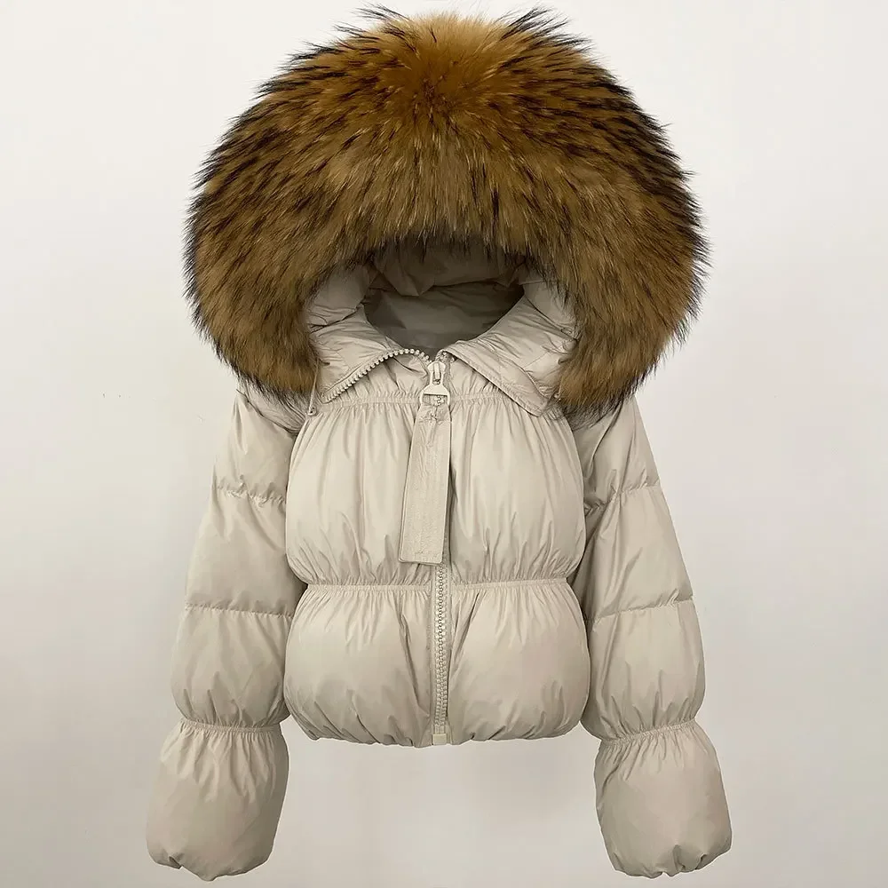 

Winter Natural Fur Collar Warm White Duck Down Jacket Women Fur Hooded Parker Outwear Female Solid Zipper Quilted Jacket Coat