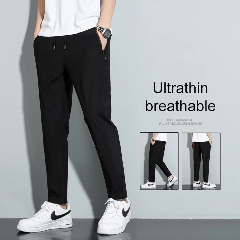

Summer Cool Pants Men 9XL Plus Szie Sweatpants Fashion Casual Stretch Quick-Dry Breathable Ice Silk Pants Sports Fitness Trouser