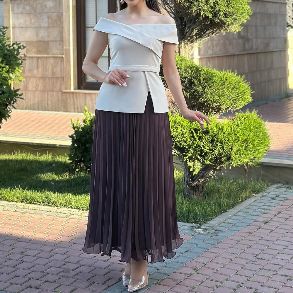 فساتين سهرة مخصصة على شكل حرف a بطول الكاحل قبالة الكتف بدون أكمام فستان حفلات بسيط موضة ثنيات فستان حفلة غير رسمي