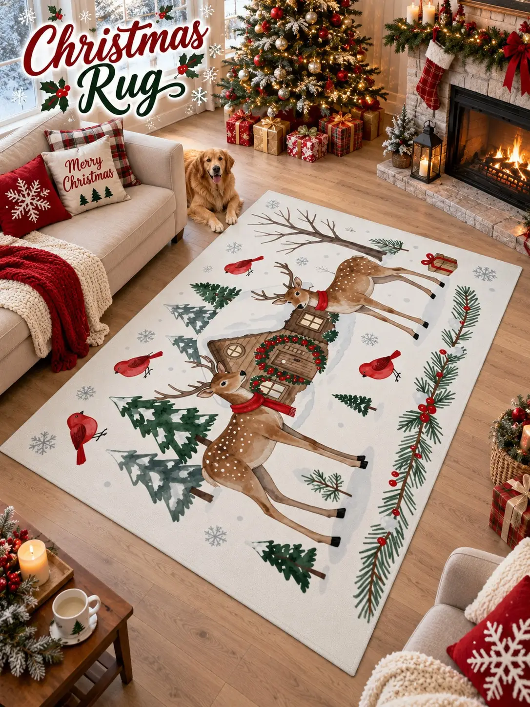 Christmas Rug Deer Cabin Cardinal Pine Floor Decor Carpet Living Room Bedroom Dining Area Entryway Apartment Cottage Winter Home Styling Beside Sofa Armchair Housewarming Birthday Gift for Family Friends Neighbors Homeowners Holiday Dinner Gatherings - view 5