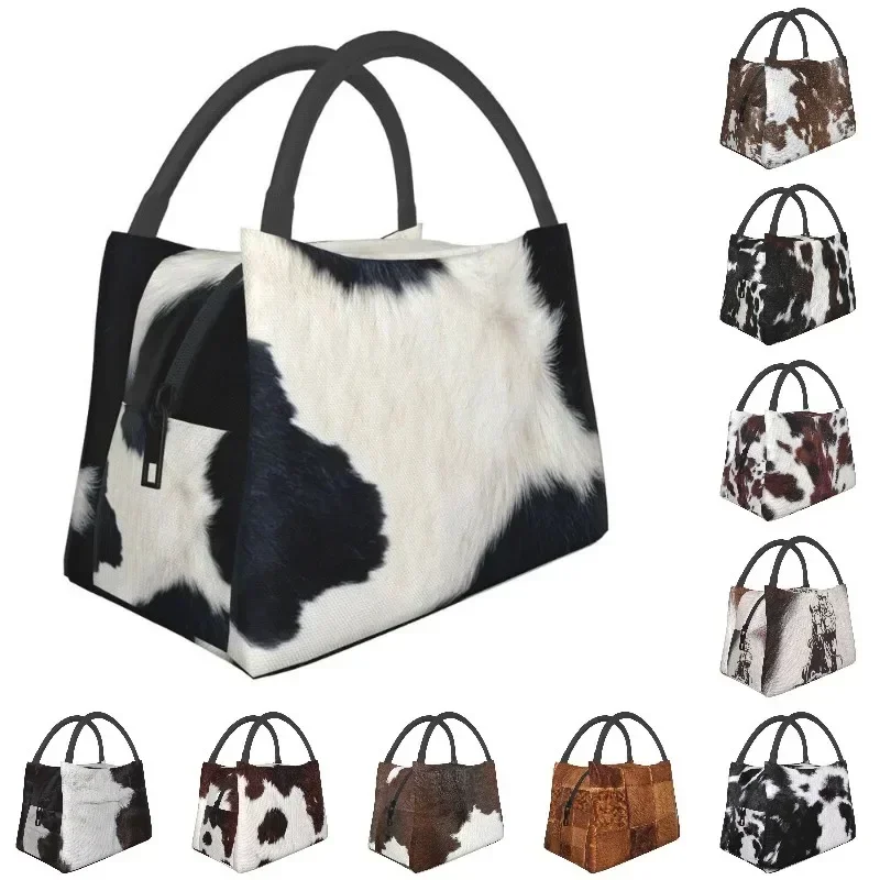 Print Black And White Cow Hide Insulated Lunch Bags for Women Simulated Cowhide Textured Portable Thermal Cooler Food  Box