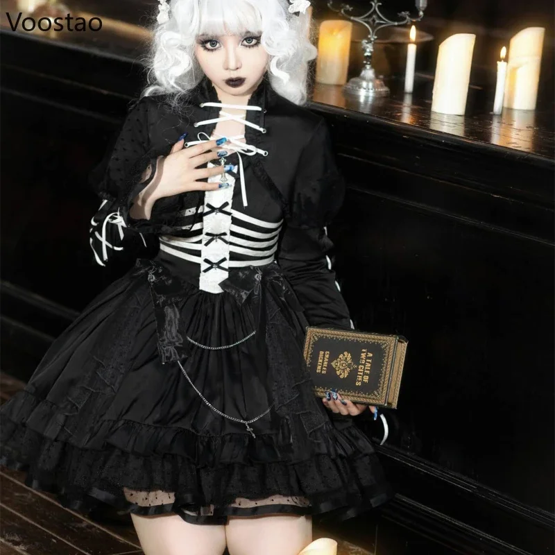 Victoriaanse Gothic Lolita Jurk Vrouwen Vintage Prisoner 'S Illusie Y 2K Punk Feestjurken Meisjes Harajuku Donkere Halloween Mini-Jurk