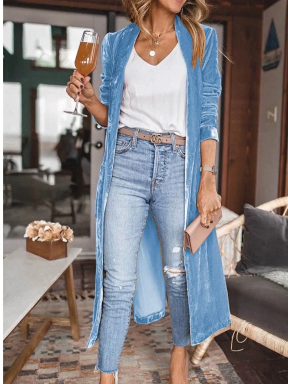 

Весенне-осеннее новое модное свободное бархатное эластичное открытое пальто-кардиган средней длины, универсальное женское пальто из простого полиэстера...