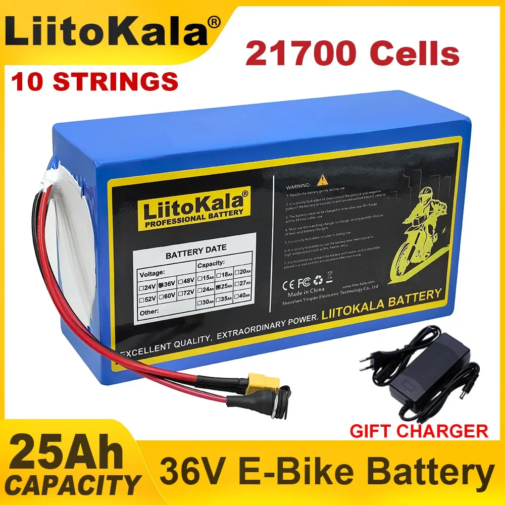 LiitoKala 36V 25Ah E-bike 10s5p 21700 Lithium Battery Pack 800w 1200w 1440w Built in BMS For Electric Bike E-Scooter 42V Charger